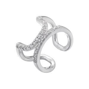Macro detail of silver crisscross ring with pavé set sparkling diamonds and open design