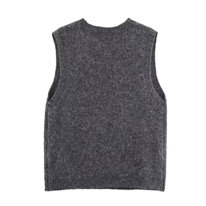 Chaleco de punto gris oscuro con cuello redondo y diseño de rombos para moda de invierno
