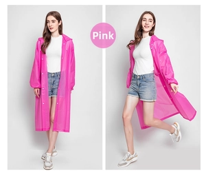 Pink semi-transparent EVA adult hooded raincoat with a long design for outdoor hiking