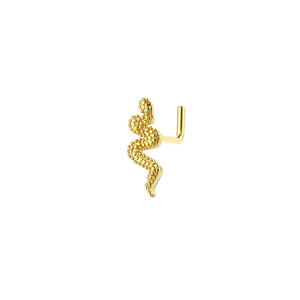 L-shaped gold snake nose stud with detailed scale texture on a clean white background