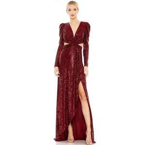 Deep V-neck sequined long sleeve evening gown in burgundy with waist cut-outs and high slit