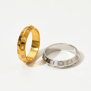 Polished stainless steel geometric rings with square inset zircons in gold and silver
