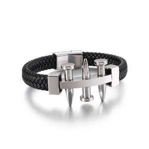 Minimalist black braided leather bracelet with silver stainless steel nail charm and clasp