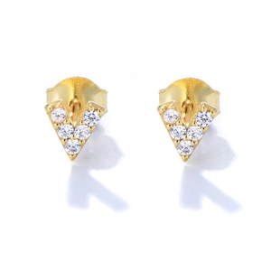Close-up of golden V-shaped S925 silver stud earrings with sparkling pave zircon stones