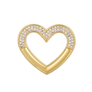 Close-up of heart pendant with sparkling rhinestones and a polished golden finish