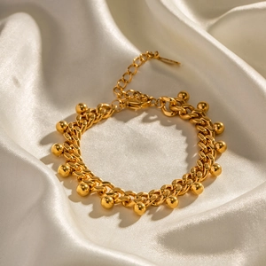 Bracelet chaîne cubaine en acier inoxydable plaqué or 18 carats avec perles sur soie