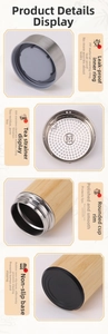 Detail of bamboo vacuum flask showing 304 stainless steel tea filter and non-slip base