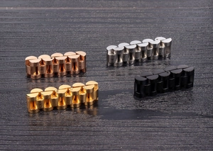 Detail of solid watch link rings in gold, silver, rose gold and black stainless steel