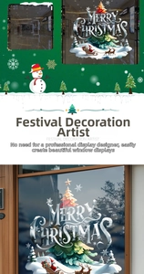 Detail of Christmas tree and reindeer static window stickers for festive shop glass decor