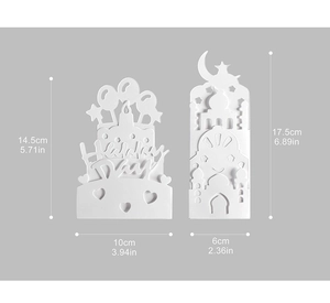 Detailed size chart for 3D white birthday cake and mosque silhouette greeting cards