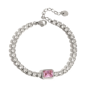 Detail of silver zircon bracelet with pink rectangular stone and adjustable chain