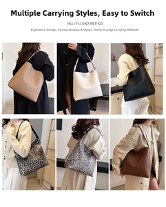 Collage of chic large tote bags in woven textures and leopard print for daily commute