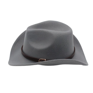 Detailed view of grey western cowboy felt hat with dark brown leather belt and buckle