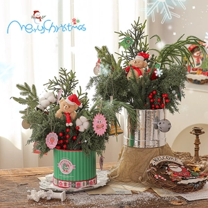 Mini Christmas tree ornaments in decorative pots with bells and teddy bear figurines