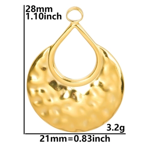 Gold stainless steel teardrop pendant with hammered texture and dimension specifications