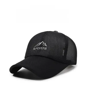 Detail of black sports baseball cap showing breathable honeycomb mesh and mountain logo