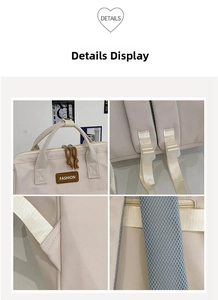 Detail view of beige backpack showing adjustable straps, breathable mesh and fashion logo