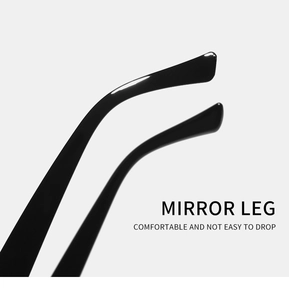 Detail of glossy black sunglass temple featuring ergonomic curved anti-slip design