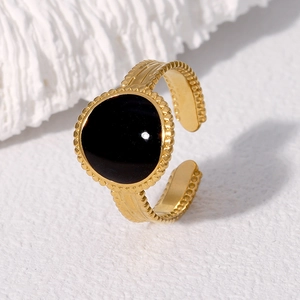 Bague ouverte vintage en acier inoxydable doré avec émail noir et texture perlée