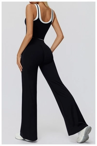Rear view of high-waist wide-leg yoga pants and tank top showing flattering fit and drape