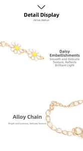 Detailed macro view of a gold alloy chain with a white and yellow daisy flower charm