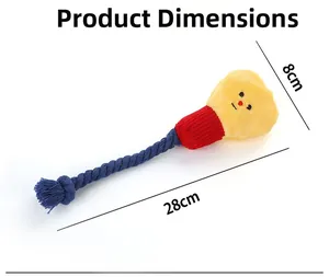 Detailoverzicht van pluchen hondenspeeltje met afmetingen 28cm lengte en 8cm breedte op wit