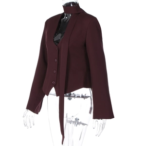 Detail of burgundy blazer with long sleeves featuring a matching neck tie and buttons