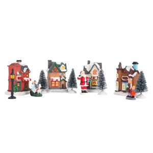 Détail de l'ensemble village de Noël 11 pièces avec maisons LED en résine et sapins