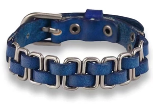 Detail of blue leather braided bracelet featuring a metallic buckle and adjustable holes