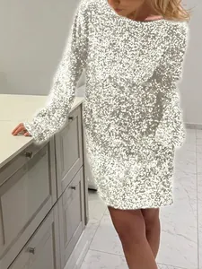 Vestito Mini Di Paillettes Elegante Maniche Lunghe Schiena Scoperta Grande Fiocco Party Cocktail Slim Fit Donne Scintillante