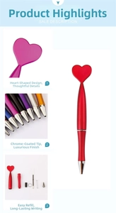 Détail d'un stylo à bille rouge en forme de cœur avec pointe chromée et recharge