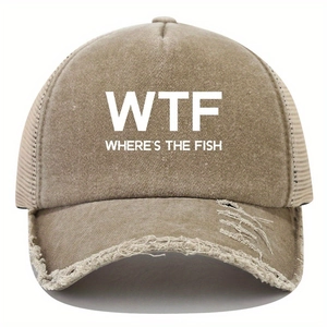 Detail shot of distressed brim on khaki trucker hat with WTF embroidery and mesh back