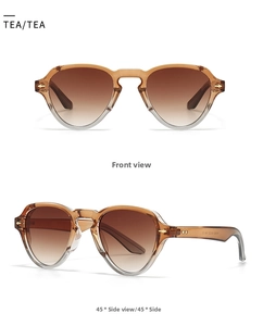 Front and 45-degree angle views of retro round tea gradient sunglasses with metal accents