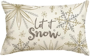 Linen Christmas pillow case featuring silver and gold snowflakes with Let it Snow text