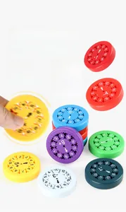 Close-up of colorful arithmetic fidget spinners with numbers for math learning and play