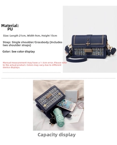 Detail view of navy blue tweed crossbody bag dimensions 21x9x15cm with two straps