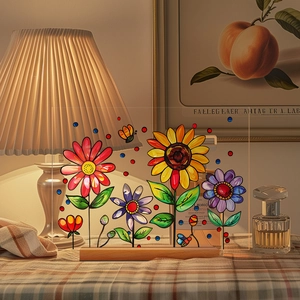 Sunflower and daisy acrylic night light with wooden base and floral butterfly design