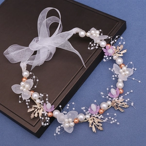 Elegant lavender floral headband with white pearls and gold leaves for bridal hair