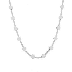 Close-up of a silver snake chain necklace featuring polished round flat disc charms