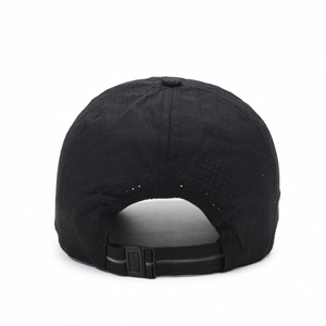 Rear view of black mesh baseball cap showing breathable holes and adjustable strap buckle