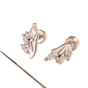 Titanium steel bouquet earrings with clear zircons and flat back screw stud design