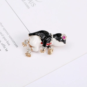 Retro animal frog brooch in tuxedo with black enamel, white crystals and pink gemstone