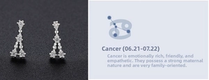 Detailed close-up of 999 sterling silver Cancer constellation stud earrings with cubic zirconia