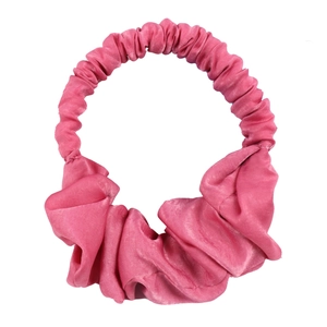 Pink satin hair scrunchie with large bow design for elegant heatless hair styling