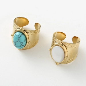 Bohemian gold stainless steel wide open ring featuring natural turquoise and white stones