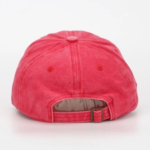 Rear view of a plain washed cotton baseball cap with adjustable metal buckle strap