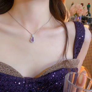 Purple Glaze Gourd Pendant Necklace Sparkling Zircon Inlaid Elegant Light Luxury Style Fashion Accessories For Women