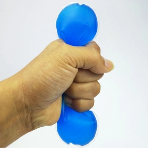 Blue dumbbell-shaped PVC cooling gel pack being squeezed to show its flexible texture