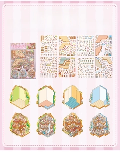 Detailed specs for DIY 3D miniature room stickers showing PET sheets and cardboard bases