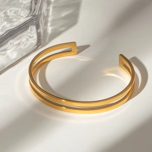 Minimalist Stainless Steel Double Layer Hollow Bangle 18K Gold Plated Geometric Open Bracelet For Women Fashion Jewelry Gift